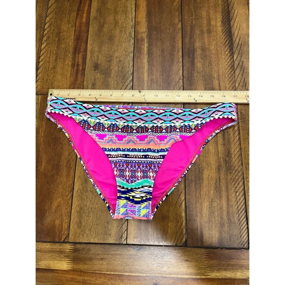 Hobie Bikini Bottom Women XL Multi Color New Tribal Print Pom Pom Trim‎ Swimwear